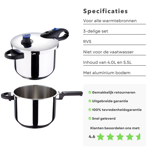 Cheqo® 3-Delige Snelkookpan Set - Kookpan Set - Snelkook Pan - Ø22 cm - 4,0l & 5,5l - 18/10 RVS - Aluminium Bodem - Hittebestendige Handvaten - Stoomventiel - Drukventiel - Gezond Koken - Inclusief Gratis Recepten - Alle Warmtebronnen - Ook voor Inductie Kookpan
