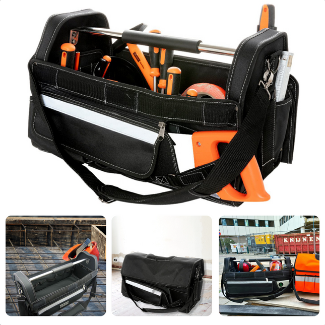 Cheqo® Open Gereedschapstas - 35 Opbergmogelijkheden - 600D Polyester - 20kg Max. Draagvermogen - 51x25x32cm - Anti-Slip Handvat - Reflecterend Voorvak - Afneembare Hoes Gereedschapstas