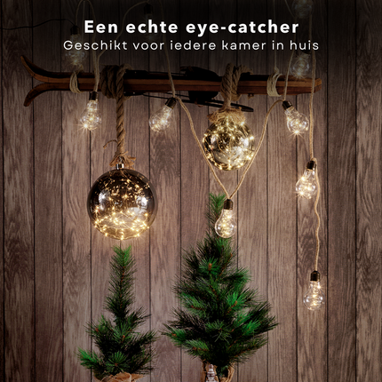Cheqo® Jute Touw Verlichte Glazen Bal - Kerstbal - Kerstverlichting - 15 LED's - 10cm - 8-uurs Timer - Warm Wit - 100cm - 2x AA-Batterijen Verlichte Kerstfiguren