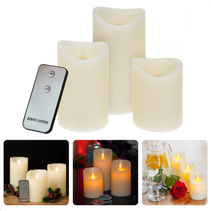 Cheqo® Set van 3 LED Kaarsen met Afstandsbediening - Realistische Led Kaarsen - Lichtgevende Kaarsen -Realistisch Vlameffect - Wax - 15, 12.5 & 10 cm Hoogte - 7.5 cm Diameter - Incl. Knoopcelbatterij Led-kaarsen