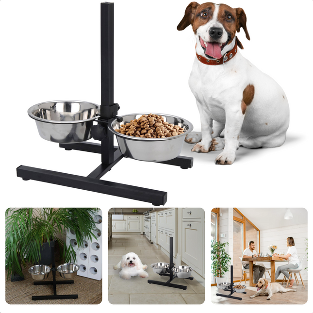 Cheqo® Hondenvoerbak - H-Staander met Eetbakken - Drinkbakken - Verstelbaar - Dubbele Voerbak - 19cm voerbakken