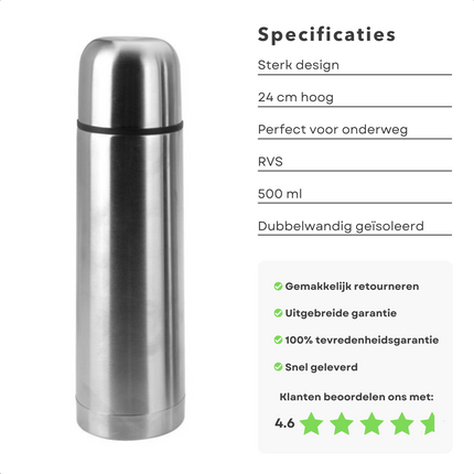 Cheqo® Isolatiefles 0,5L - 500ml - Vacuüm Fles - Thermosfles - Isolatiebeker - Isoleerkan - Drinkfles Isolatiefles