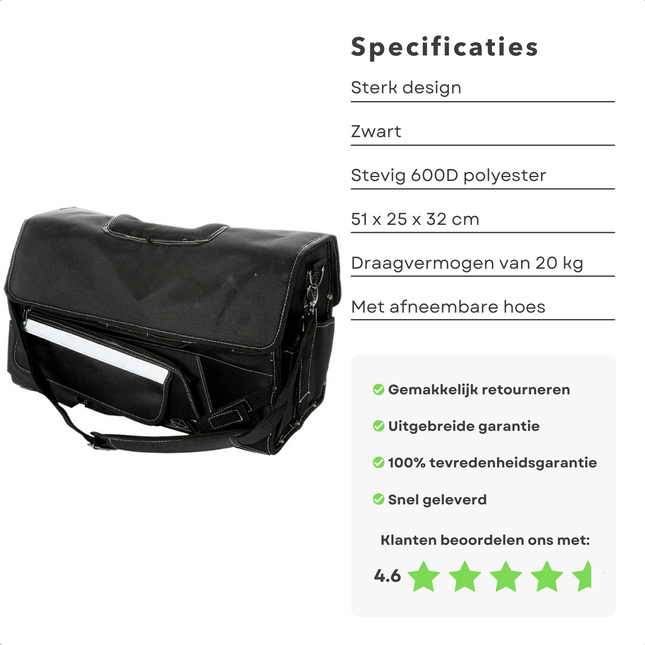 Cheqo® Open Gereedschapstas - 35 Opbergmogelijkheden - 600D Polyester - 20kg Max. Draagvermogen - 51x25x32cm - Anti-Slip Handvat - Reflecterend Voorvak - Afneembare Hoes Gereedschapstas