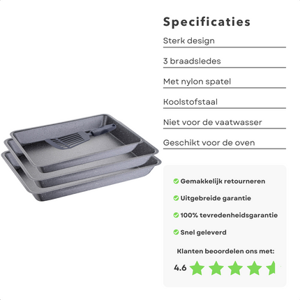 Cheqo® 3-Delige Braadslede Set - Braadsledes - Ovenschaal - Marble Coating - Met Spatel - 3 Formaten Ovenschalen