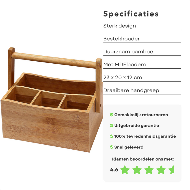 Cheqo® Bamboe Bestekhouder met Handvat - Staande Bestekbak - 4 Vakken - Duurzaam - MDF Onderkant - Draaibaar - 23x20x12cm Bestekbakken