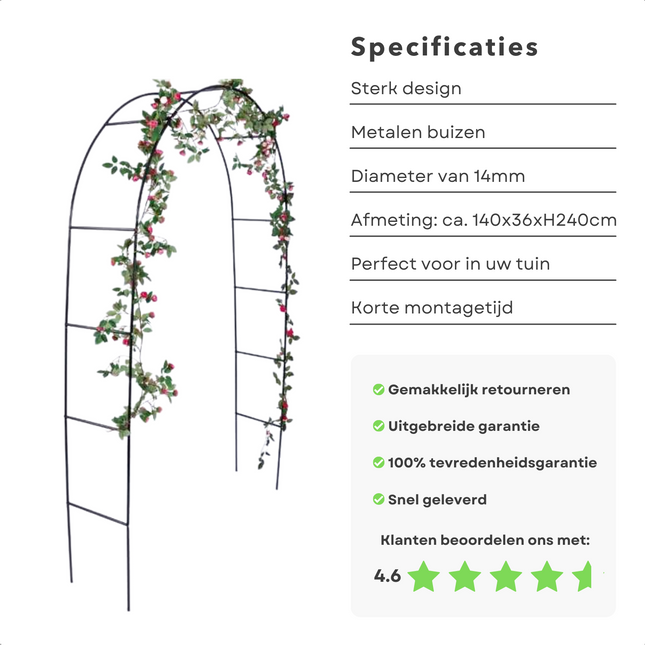 Cheqo® Metalen Rozenboog - Stevig - 140x36x240cm - Bloemenboog - Boog - Klimplantenboog - Bloemenboog Rozenbogen