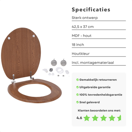 Cheqo® Toiletbril MDF - WC Bril  - Hout - 42.5x37cm - 18" - Houtkleur - RVS Verbinding WC-brillen