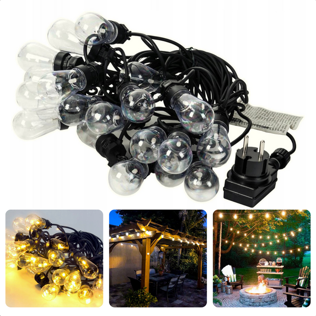 Cheqo® Feestverlichting - 20 LED-lampen - 5.5x4cm - Warm Wit - Heldere Verlichting - Binnen/Buiten - 50cm Afstand - 3m Aansluitsnoer - IP44 - Lengte van 12,5 meter - Sfeerverlichting - Duurzaam - Inclusief Haken - Waterdicht - Lichtsnoer - Tuinverlichting Feestverlichting