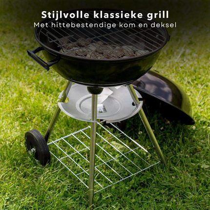 Cheqo® Kogelbarbecue - Ø46 cm - Ronde Metalen BBQ - Voor Houtskool & Briketten - 2 Grote Wielen - Verchroomd Voorraadschap - Kookhoogte 78cm - Opvangplaat - Gewicht 5kg - GS/TÜV Keuring - Barbecue BBQ