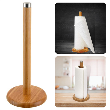 Cheqo® Handige Keukenrolhouder - Keukenpapier Houder - Rollenhouder - Milieuvriendelijk Bamboe - 14cm Diameter Basis - 32.5cm Hoogte Keukenrolhouder