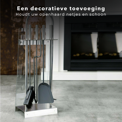 Cheqo® Openhaardset RVS - Haardstel - Haardet - Haard Accessoires - 5-delig met Veiligheidsglas - 22x15.5x64.5cm - Met Borstel, Schep, Pook, Tang - Rvs Grepen Haardstel