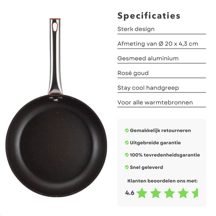 Cheqo® Koekenpan - Ø20 cm - Rose Gold - RVS Handgreep - Harde Marmeren Deklaag - PFOA-Vrij - Gesmeed Aluminium - Voor Alle Warmtebronnen - Anti-Aanbaklaag - Vaatwasserbestendig - Inductie Koekenpannen