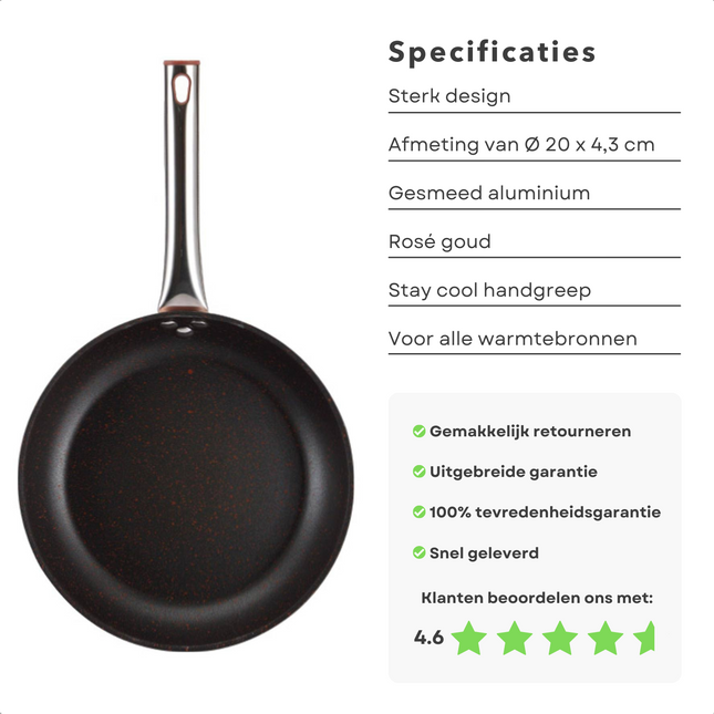 Cheqo® Koekenpan - Ø20 cm - Rose Gold - RVS Handgreep - Harde Marmeren Deklaag - PFOA-Vrij - Gesmeed Aluminium - Voor Alle Warmtebronnen - Anti-Aanbaklaag - Vaatwasserbestendig - Inductie Koekenpannen