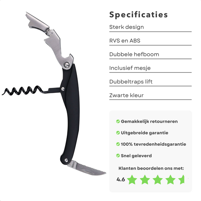 Cheqo® Professioneel Kelnersmes - Sommeliersmes - Kurkentrekker - Wijnopener - RVS, ABS & Dubbeltraps Lift Kelnermes