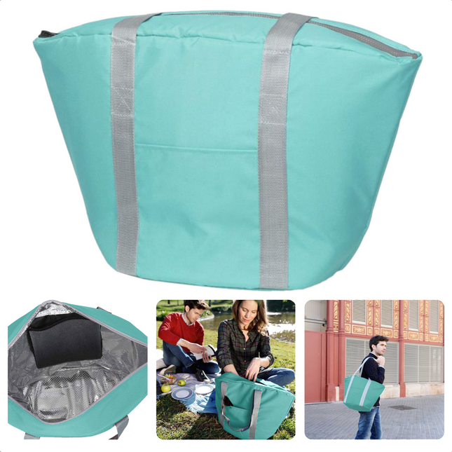 Cheqo® Geïsoleerde Koeltas - 22,3 liter - Lichtblauw - Isolerend - Thermische Binnenkant - Dubbel Handvat - Rits - 18,5 x 18 cm - Verstevigde Bodem - Voor Picknick & Boodschappen Koeltas