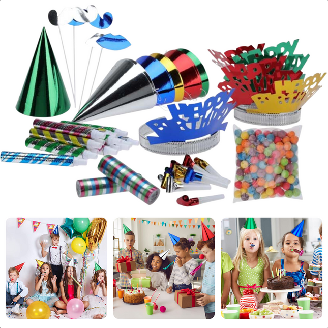 Cheqo® 191-delige Partyset voor Kinderfeestjes - Verjaardag - Decoratie - Versiering - 10 Feesthoedjes - Ballonnen - Slingers - 5 Happy Birthday Hoofdbanden - Toeters - Feest Set - Partybox - Feestpakket - Verjaardagsfeest feestpakketten