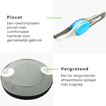 Cheqo® Reisetui met Spiegel & Pincet - Make Up Spiegel - Handige Set voor in de Tas op Reis - 5x Vergrotende Spiegel met Zuignap (8,5cm) en Pincet (8cm) Make-up spiegels