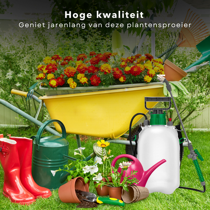 Cheqo® Plantensproeier - Drukspuit - Verstuiver - Druksproeier - Plantenspuit - 5 Liter - Met Handvat - Sproeilans - Verstelbaar Mondstuk - Vergrendelbare Trekker - Veiligheidsventiel - Draagriem - Tuin Besproeien - Onkruid Verdelgen Drukspuit