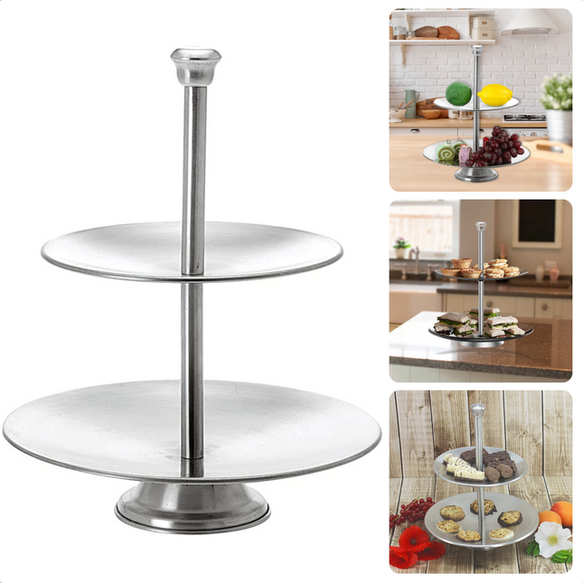 Cheqo® RVS Etagere - Serveertoren - Tapas - Cake Stand - Taartstandaard - 2 Plateaus - 26cm Hoog Etagere