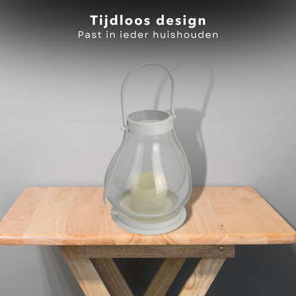 Cheqo® Lantaarn met LED-kaars - Tafel Lantaarn - Tafellamp - Glazen lantaarn met metalen frame - Aan/Uit schakelaar - 22/34cm hoog - 18cm diameter glas - Op Batterijen Lantaarn