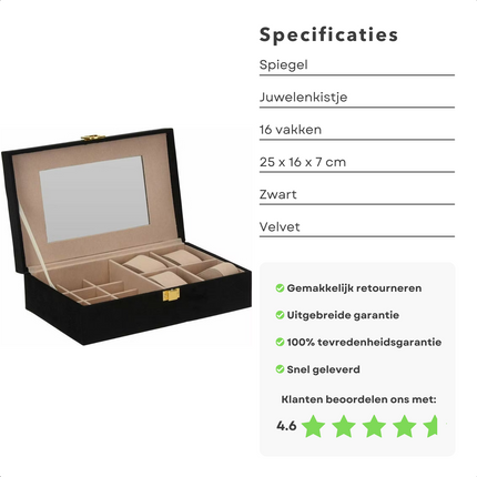 Cheqo® Sieradendoos - Juwelendoos - 25x16x7cm - Sieraden Organiser - Horlogebox - Horloge Doos - Zwart - Velvet - 16 Compartimenten - 12 Oorbellen/Ringen - 4 Armbanden/Horloges - Goudkleurige Sluiting Sieradendoos