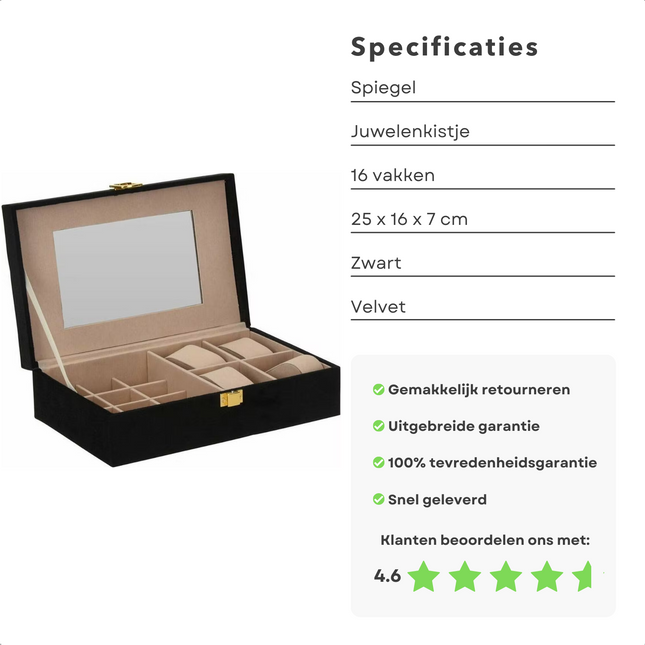 Cheqo® Sieradendoos - Juwelendoos - 25x16x7cm - Sieraden Organiser - Horlogebox - Horloge Doos - Zwart - Velvet - 16 Compartimenten - 12 Oorbellen/Ringen - 4 Armbanden/Horloges - Goudkleurige Sluiting Sieradendoos