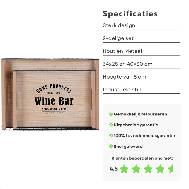 Cheqo® 2 Stuks - Trendy Dienbladen - Hout & Metaal - Industriële Stijl - 34x25cm & 40x30cm - Hoogte 5cm - Dienblad - Ontbijt op Bed - Serveerblad - Dienblad Set Dienblad