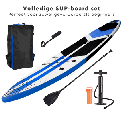 Cheqo® Complete SUP-Set - Opblaasbaar SUP Board - Stand Up Paddle Board - 350x79x15cm - EVA Grip - Double Layer - 150kg Belastbaar - Afneembare Vin - Aluminium Peddel - Handige Tas - Grote Pomp - Surf-Leash - 15kg SUP Board