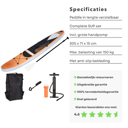 Cheqo® Complete SUP-Set - Opblaasbaar SUP Board - Stand Up Paddle Board - 305x71x15cm - 150kg - Ideaal voor Beginnende & Gevorderde Peddelsurfers - EVA Anti-Slip - Verstelbare Peddel - Met Rugtas - Handpomp - Leash - Reparatiekit SUP Board