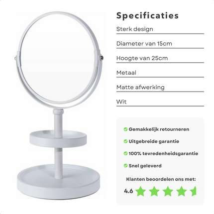 Cheqo® Dubbelzijdige Make-up Spiegel - Vergroot 3x - Matte Finish - 15cm Diameter - 25cm Hoogte - Metaal - 930 gram - Spiegeletagere - Wit Make-up spiegels