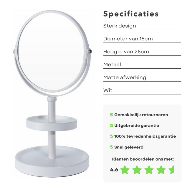 Cheqo® Dubbelzijdige Make-up Spiegel - Vergroot 3x - Matte Finish - 15cm Diameter - 25cm Hoogte - Metaal - 930 gram - Spiegeletagere - Wit Make-up spiegels