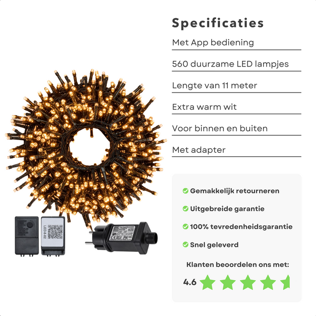 Cheqo® Clusterverlichting met App - Smart Kerstverlichting - Kerstboomverlichting - 560 LED - Extra Warm Wit - Micro Cluster App Bediening - 3m Groen Snoer - IP44 Adapter - Binnen & Buiten - 8-Functies Controller - Dimmen en Timer Clusterverlichting
