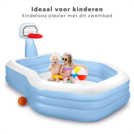 Cheqo® Opblaasbaar Zwembad - Opblaasbad - Zwembad - Opzetbad - Kinderbad - 257x188x130cm - 682L - Basketbalring & Bal - Reparatiemateriaal Opblaas Zwembad