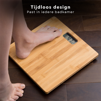 Cheqo® Digitale Personenweegschaal van Bamboe - Weegschaal Digitaal - 30x30x3cm - 180kg - Anti-Slip Noppen - 2x AAA Batterijen Personenweegschaal