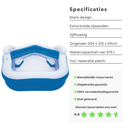 Cheqo® Vijfhoekig Familiezwembad - Opblaasbad - Zwembad Opblaasbaar - 575L - 206x213x69cm - 2 Bekerhouders - 2 Zitkussens - 2 Hoofdsteunen - Extra Brede Zijwanden Opblaas Zwembad