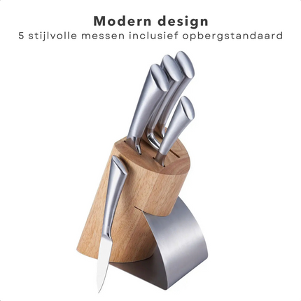 Cheqo® 5-delige Luxe Messenset - Houten Messenblok met RVS Bodem & Voorzijde - Chefmes 20cm, Snijmes 20cm, Broodmes 20cm, Universeelmes 12,5cm, Schilmes 9cm - Anti-slip - Messenset met Houten Blok Messenblokken met messen