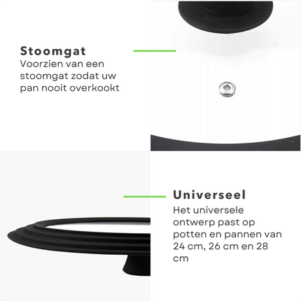 Cheqo® Universeel Glazen Deksel - Pandeksel - Pannendeksel - Voor pannen van 24cm, 26cm, 28cm - Siliconen Rand - Gehard Glas - Vaatwasserbestendig Pandeksels