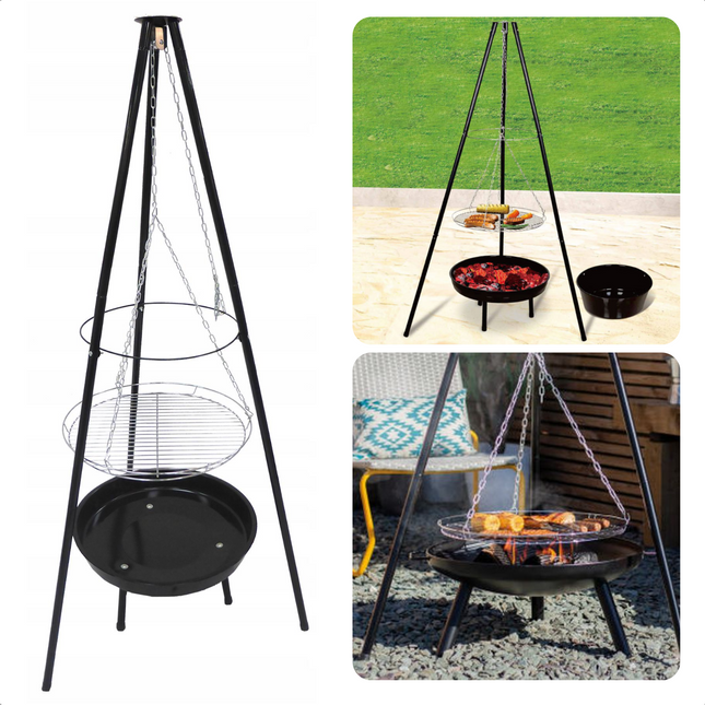Cheqo® Vuurschaal Hangend met Grilrooster - Driepoot Model - Staal - 52cm Diameter - Grillplaat - 151cm Hoogte - Met Ketting & Grillplaat Vuurschaal