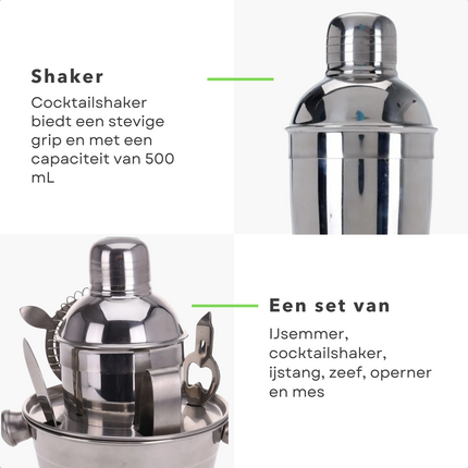 Cheqo® 6-delige Cocktail Set - Cocktail Shaker Set - RVS - Shaker, Ijsemmer, Strainer/Zeef, Opener, Mes & Ijstang - Shakerset - Cocktails Maken Cocktailset
