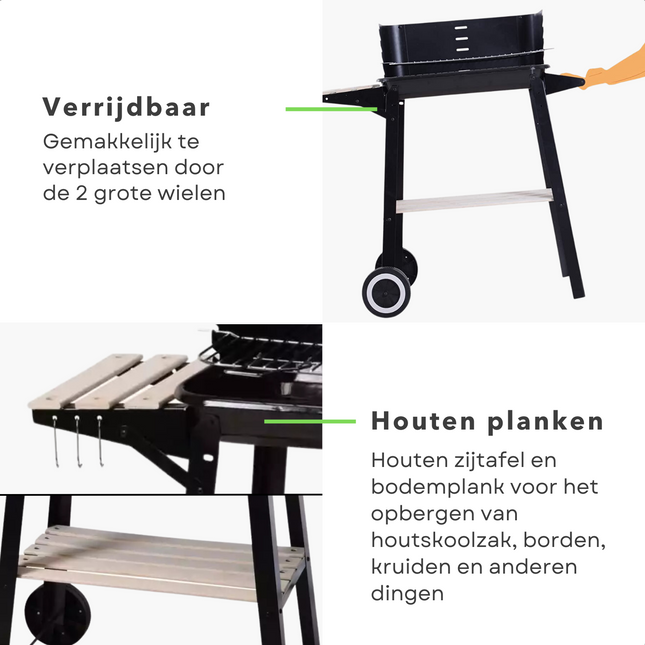 Cheqo® Verrijdbare Barbecue - BBQ - Houtskoolbarbecue met Wielen en Zijtafel - Buitenkeuken - 83x45cm BBQ