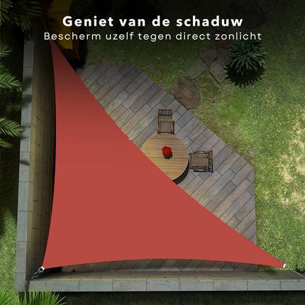 Cheqo® Schaduwdoek Driehoek - Terra Rood - Waterafstotend Polyester 100% - Compleet met Touw - Verpakt in Afsluitbare Draagzak - 360x360x360cm Schaduwdoek