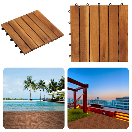 Cheqo® Acacia Houten Terrastegels - 30x30 cm - 9 stuks - 0.81m2 - Balkon, Terras of Vlonder - Snelle Montage - Vlondertegel - Tuintegels - Terrasplanken - Balkon vloer - Kliktegels - Buiten tegels - Warme Uitstraling Terrastegels