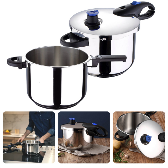 Cheqo® 3-Delige Snelkookpan Set - Kookpan Set - Snelkook Pan - Ø22 cm - 4,0l & 5,5l - 18/10 RVS - Aluminium Bodem - Hittebestendige Handvaten - Stoomventiel - Drukventiel - Gezond Koken - Inclusief Gratis Recepten - Alle Warmtebronnen - Ook voor Inductie Kookpan