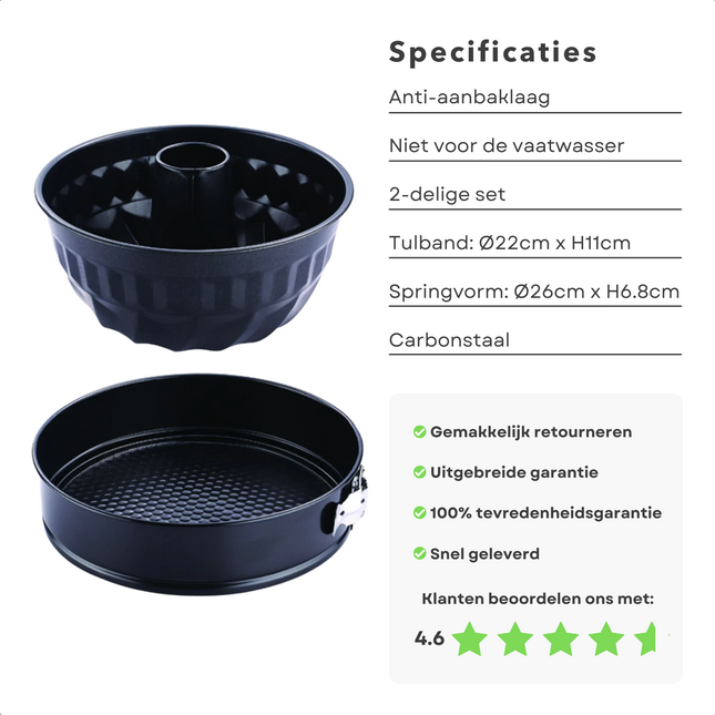 Cheqo® 2-delige Carbon Bakvorm Set - Springvorm en Tulband Bakvorm - Anti-Aanbaklaag - Ovengeschikt - Niet Vaatwasserbestendig Bakvormen