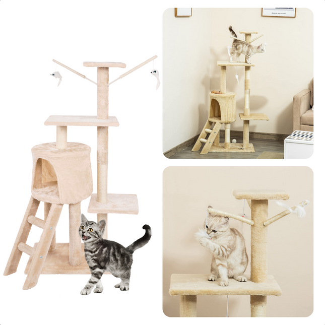 Cheqo® XL Kattenkrabtoren Wit - Krabtoren - Krabpaal - Huis voor Katten - Krabton - Kattenhuis - 45x30x110cm - Beige - 6 Palen, 4 Planken, 1 Ladder, 1 Nest, 2 Speelgoedmuizen met Stokken en Touw Krabtoren