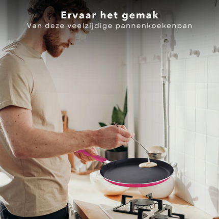 Cheqo® Hippe Pannenkoekpan 24 cm - Geperst Aluminium - Anti-Aanbaklaag - Softtouch Handgreep - Pink - Voor Alle Warmtebronnen - Anti-Aanbaklaag - Lange Levensduur - Omeletpan - Koekenpan Koekenpan