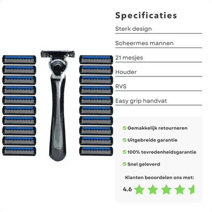 Cheqo® Scheermesjes voor Heren - Houder + 21 Mesjes - Scheermes - 3 Blades - Easy Grip Handvat - Roestvrijstaal - Voor Een Zachte Gladde Huid Scheermesjes