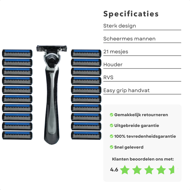 Cheqo® Scheermesjes voor Heren - Houder + 21 Mesjes - Scheermes - 3 Blades - Easy Grip Handvat - Roestvrijstaal - Voor Een Zachte Gladde Huid Scheermesjes