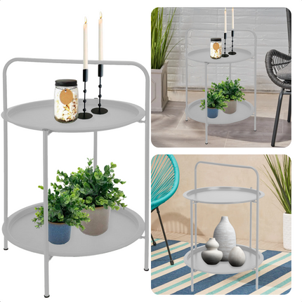 Cheqo® Bijzettafel 50 cm - Metaal (gepoedercoat) - Mat licht grijs - 66 cm Hoogte - 2 Verdiepingen - Tafeltje - Tuintafel - Bijzettafel voor Binnen en Buiten - Nachtkastje Bijzettafel