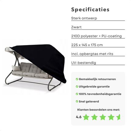 Cheqo® Hoes voor Schommelbank - Tuinmeubelhoes - Schommelbankhoes - 225x145x175cm - 210D Polyester + PU Coating - Met Opbergzak met Rits - Zwart Tuinmeubelhoezen